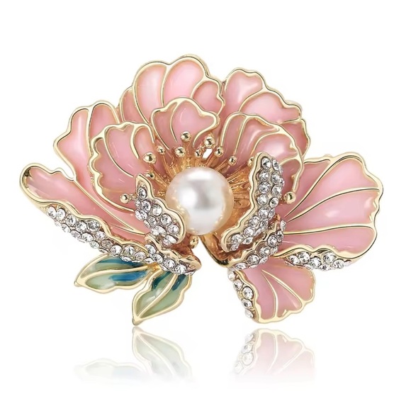Pink Peony Lustrous Pearl Center Brooch - Picture 1 of 11